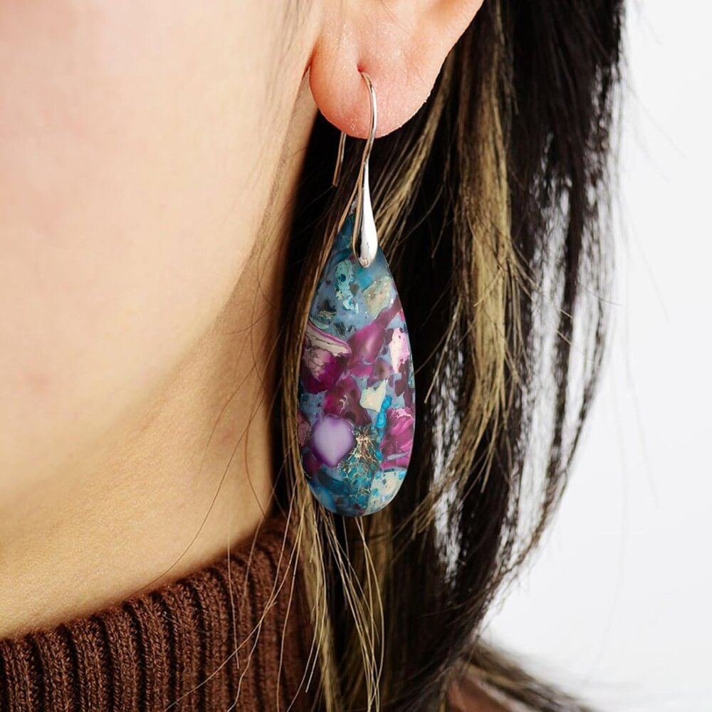 Stone Fishhook Dangle Drop Earrings Statement Ear… - image 2